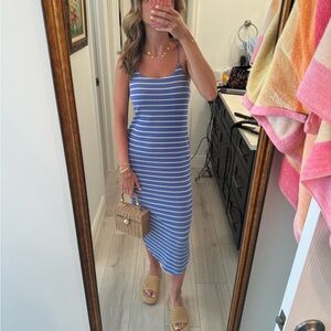 Zsupply- Striped Blue & White Spaghetti-Strap Midi Dress with shelf bra